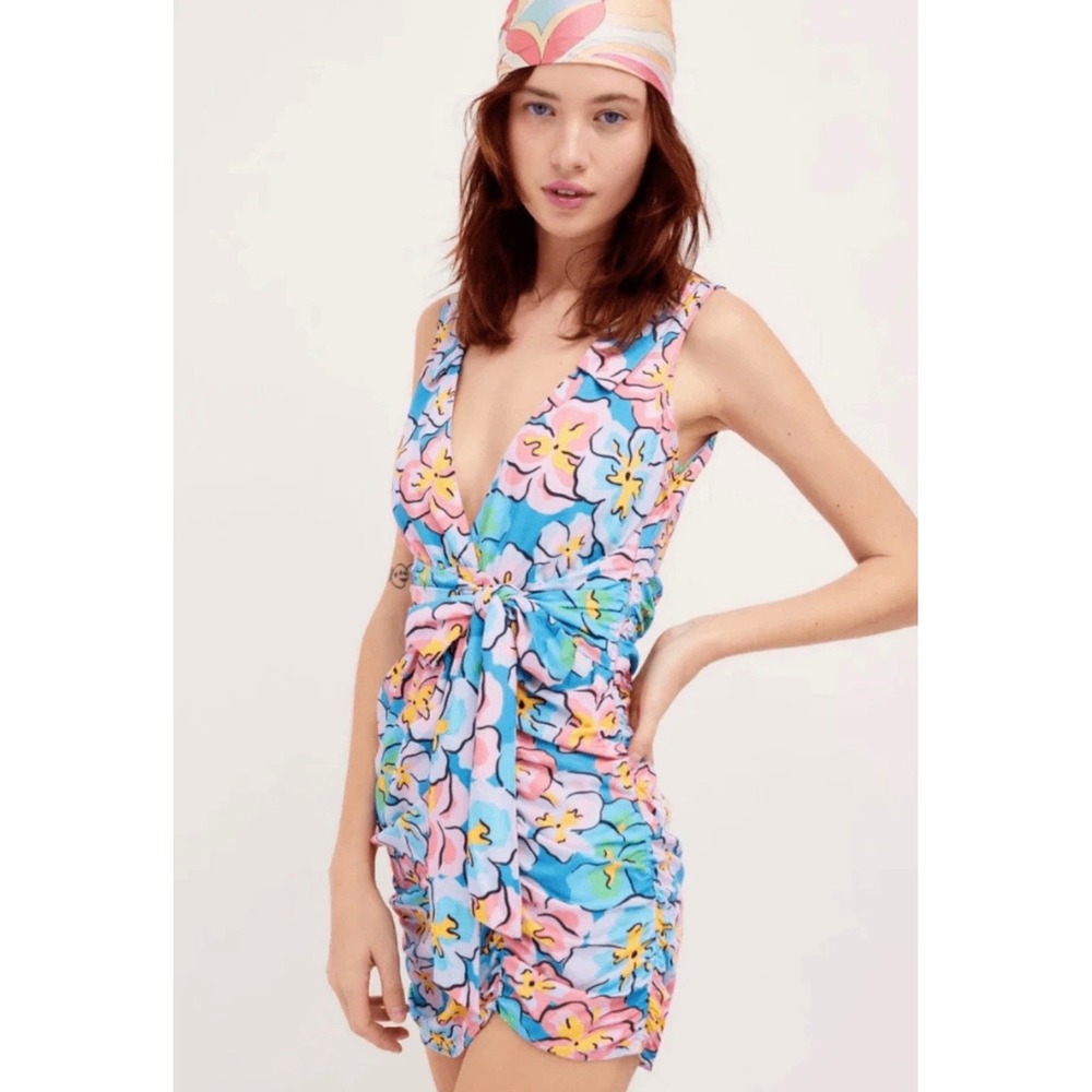 For Love & Lemons Yasmin Floral Mini Dress Blue Pink Plunge V-Neck Large NWT - Picture 4 of 14